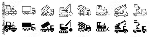 Construction vehicle icons set in linear style: cranes, mixers, trucks, and more