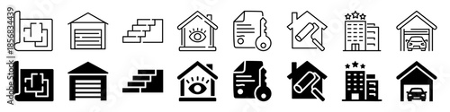 Icons of real estate elements in simple line and solid styles