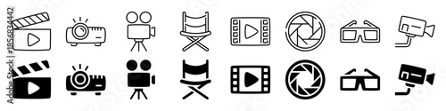Hand-drawn cinema icons: projector, film reel, director chair, camera
