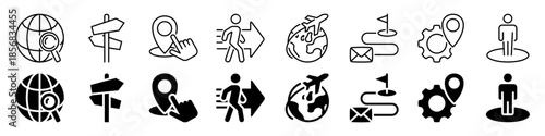 Collection of linear travel and navigation icons with directional signs and location markers