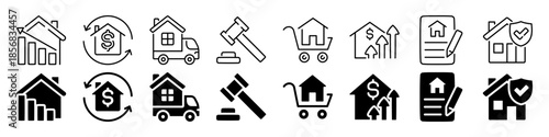 Real estate icon set: growth, investment, market trends, finance, black and white symbols