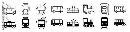 Minimalist icons of public transport vehicles: bus, tram, train