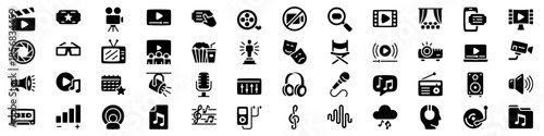 Media and entertainment icons set: silhouette collection for multimedia and technology