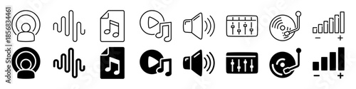 Monochrome music icons set featuring podcast, audio, and sound elements