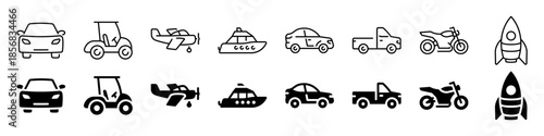Minimalist outline and solid icons of various vehicles and transport modes