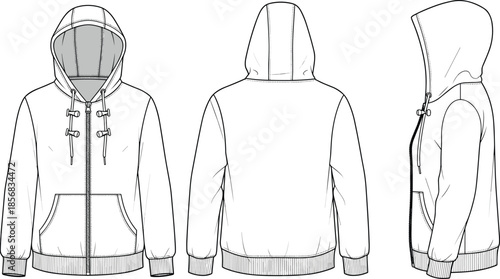 Technical flat sketch of hooded jacket with zipper, toggle closures, and pockets, front back side views, vector illustration