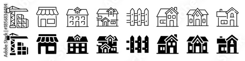 Collection of linear house, fence, and building icons in black and white