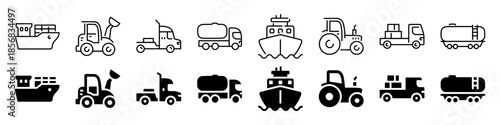 Set of linear and solid transport icons featuring ships, trucks, and tractors