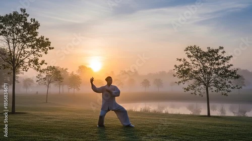 Solitary Figure Performing Fluid Tai Chi Movements in Serene Park at Misty Sunrise