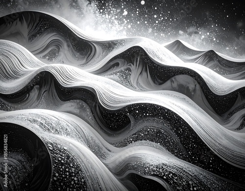 Black and white abstract artwork; flowing, wavy patterns with speckled textures, creating a sense of depth and cosmic atmosphere