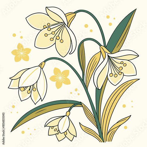 A delicate illustration of yellow and white snowdrop flowers with green stems and leaves creating a spring aesthetic