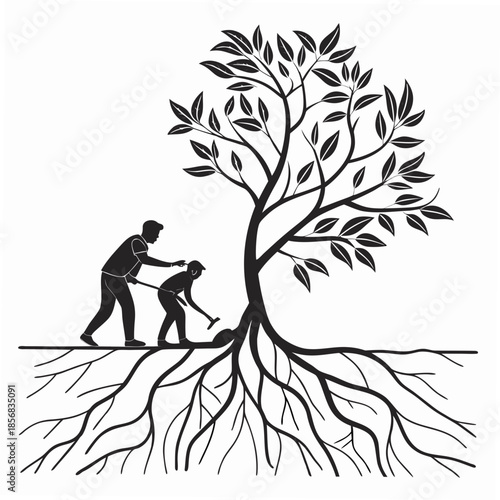 A silhouetted image depicting a man and child tending to a tree s roots symbolizing growth and nurturing nature