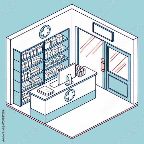 An isometric illustration depicts a pharmacy interior with shelves stocked with medicine a reception desk and an open doorway