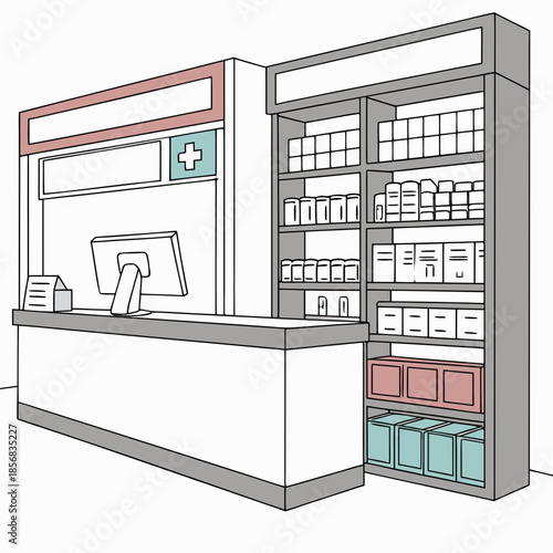 A simplified illustration depicts a pharmacy counter with shelves stocked with medicine and a computer setup