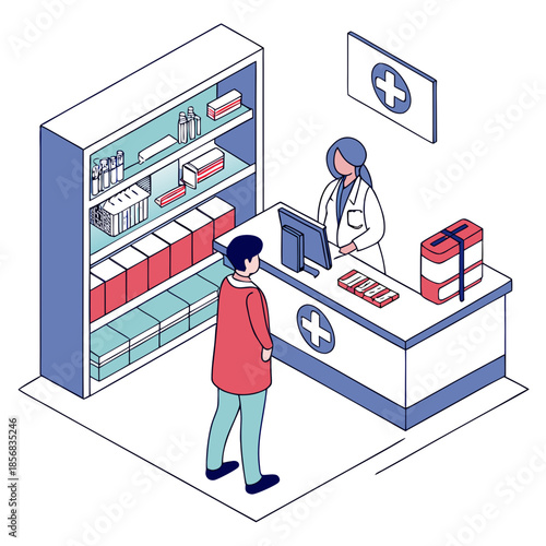 An isometric illustration depicts a pharmacy scene with a pharmacist assisting a customer at the counter medicines on shelves