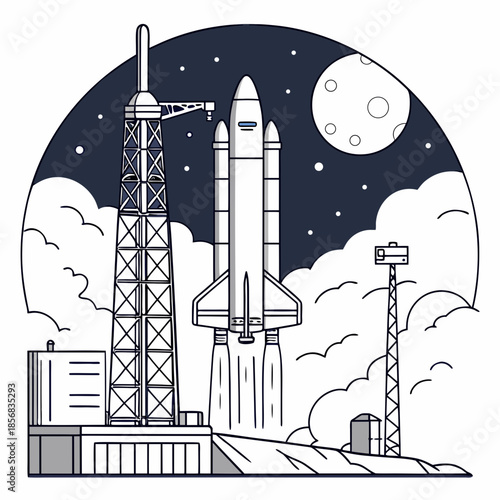 A stylized illustration depicts a rocket launch from a spaceport with a crescent moon and starry night sky backdrop