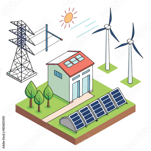 Sustainable energy sources powering a community solar panels wind turbines power lines and a modern house