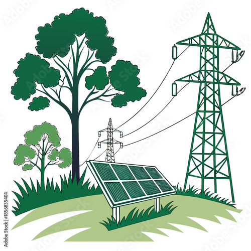 A visual representation depicting the coexistence of nature renewable energy sources and electrical power infrastructure within a landscape