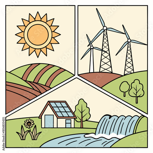Illustrative depiction of sustainable energy sources including solar wind hydro and agricultural landscapes in a unified design