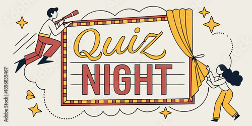 Quiz Night Illustration with Cartoon Characters and Marquee Sign