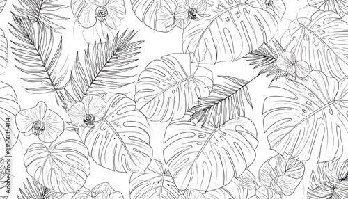 Black and white botanical illustration featuring detailed drawings of tropical leaves and orchids on a white background