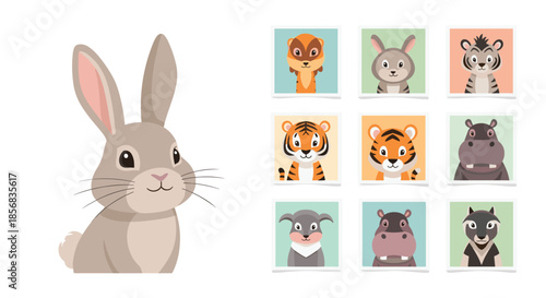 Cute gray rabbit character shown alongside a collection of various adorable animal portraits in colorful square frames.