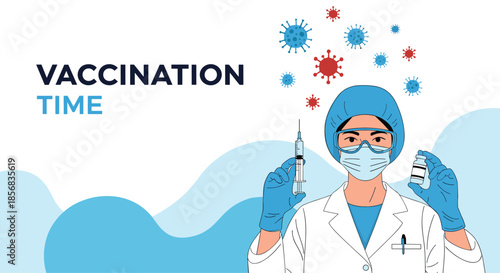 Female doctor or scientist in protective gear holding a syringe and a vaccine vial, with "Vaccination Time" text and viruses.