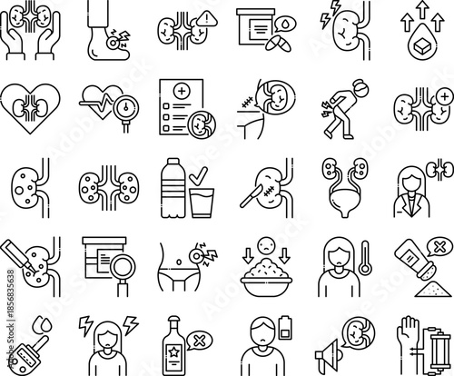 Kidney Disease Icons Set, Medical Outline Symbols