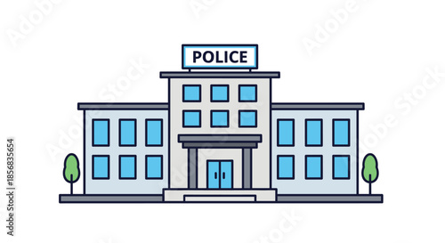 Simple flat design illustration of a police station building exterior with a "POLICE" sign on the roof, isolated.