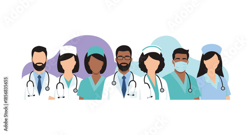 Diverse team of smiling medical professionals, including male and female doctors and nurses, standing together in unity.