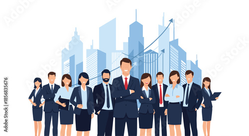 Diverse group of confident business people standing together as a team with a successful leader in front of a modern city skyline graphic.