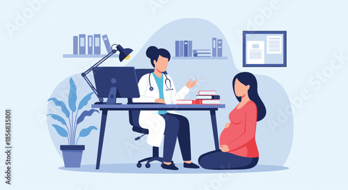 Female doctor sitting at her desk in a medical office and having a consultation with a pregnant woman patient about her health.
