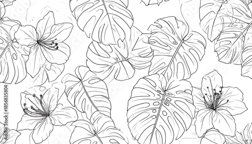 Black and white botanical illustration featuring intricate outlines of monstera leaves and flowers scattered across the composition