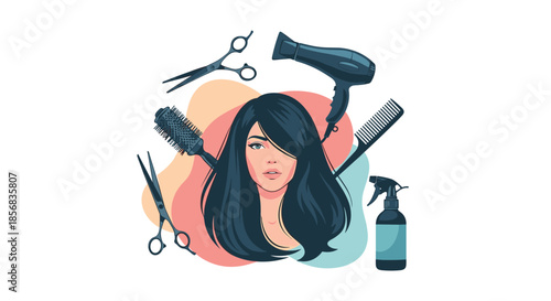 Concept illustration for a beauty salon featuring a portrait of a beautiful woman surrounded by various hairdressing and styling tools.