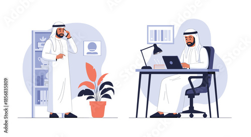 Set of two scenes showing an Arab businessman in traditional clothing working in an office, talking on the phone and using a laptop.