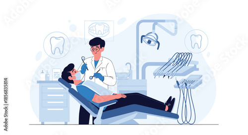 Male dentist in a modern dental clinic using tools to examine the teeth of a male patient lying in the comfortable dental chair.