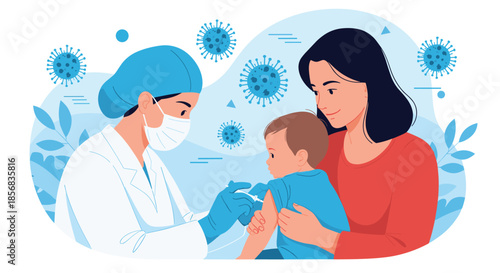 Female doctor or nurse giving a vaccine injection to a little boy held by his mother, with coronavirus particles in the background.