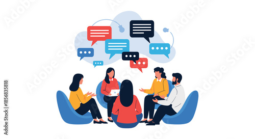 Group of diverse people sitting in a circle and talking during a group therapy or support meeting, with chat bubbles above them.