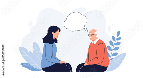 A young woman volunteer or granddaughter patiently talking and listening to an elderly man, with a thought bubble above his head.