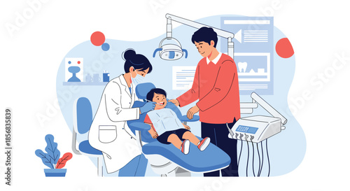 A caring father comforting his young son who is getting a dental check-up from a female dentist in a modern clinic office.