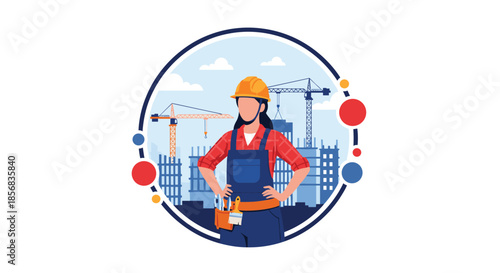 Confident female construction worker or engineer in a hard hat and overalls standing with arms akimbo in front of a construction site.