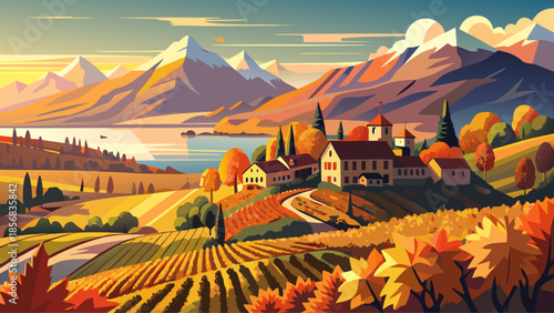 Very beautiful autumn view of Lavaux vineyards cascading toward Lake Geneva, with golden grape rows, rolling hills, and warm seasonal colors under soft alpine light.