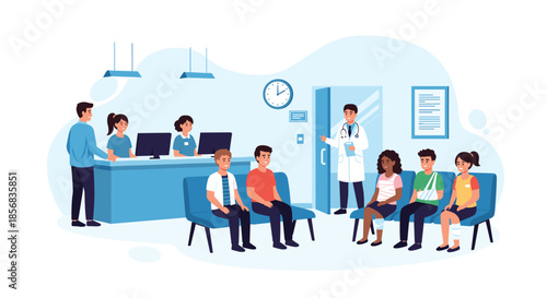 Busy hospital waiting room or emergency area with a diverse group of patients, some with injuries, waiting for a doctor's attention.