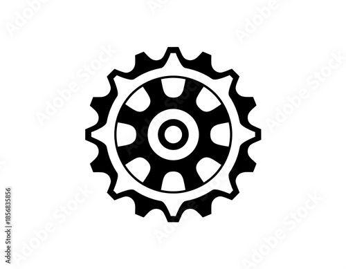 Black and white gear graphic with multiple teeth. The gear features a series of circular interior openings. It's a simplistic, mechanical illustration