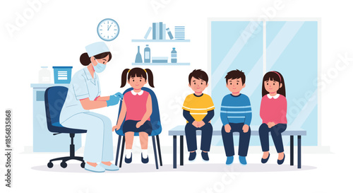 Female nurse in a clinic giving a vaccine injection to a little girl while other children wait patiently in line for their turn.