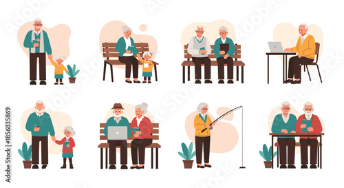 A collection of scenes showing elderly couples and individuals enjoying their retirement with various leisure activities and family.