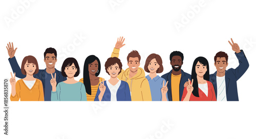 A cheerful and diverse group of young friends from different ethnic backgrounds waving and showing peace signs to the camera.