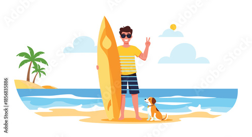 A happy young man with sunglasses holding a surfboard and showing a peace sign, standing on a tropical beach with his dog.