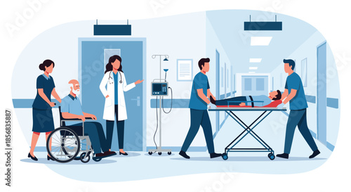 Busy hospital corridor with doctors, nurses, a patient in a wheelchair, and paramedics moving a patient on a gurney.