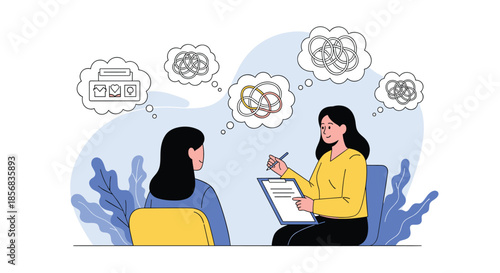 A female psychologist helps a patient unravel her tangled and confusing thoughts during a mental health therapy and counseling session.